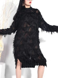 2023 New Spring Autumn Stand Collar Long Sleeve Black Perspective Split Joint Big Size Dress Women Fashion Tide