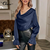 Satin Tops Tunics Autumn Blouses Celmia 2022 Fashion Casual Sexy Cowl Neck Elegant Shirts Long Flare Sleeve Party