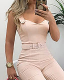 Summer Elegant Office Overalls Skinny Slim Fit V-Neck Sleeveless Casual Romper Thin Strap Button Design