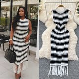 Fan Temperament Body-In-County-Necked Sleeveless Striped Knitted Dress Women's Summer Tight-Dled Ass Tuxedo