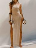Dress Double Side High Fork Sling With Beautiful Back Knitted Dress Beach Hooded