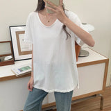 And Autumn New U-Shaped Collar Open Fork Medium-Long Loose Casual White Long-Sleeved T-Shirt-Outfit