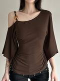 New Retro Stripe Shoulder Horn Sleeve T-Shirt Hottie Beaded Neck Small Repair