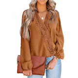 Blouses For Women Fashion Lace Patchwork V Neck Long Sleeve Office Work Shirts Tops Lady Oversized Casual Chiffon