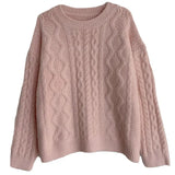 Version Of Autumn And Winter New Round Neck Twist Pink Knitted Sweater Loose Lazy Wind Sweet Autumn Blouse Girl-Outfit
