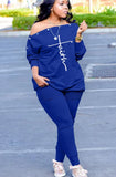 Print Slash Shoulder Shirt and Pants Casual 2 Piece