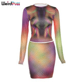 Puss Dots Sexy Print Autumn Women 2 Piece Set Stretchy Long Sleeve Crop Top+Skirt 2021 Fashion Streetwear Matching