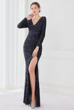 Winter Elegant Deep V Neck Long Sleeve Slit Cocktail Eevening