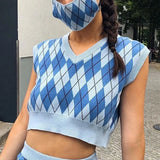 Y2K Sleeveless Autumn Sweater Pullover Casual Plaid Knitted 90s Knitted Crop Sweaters Casual Autumn Preppy