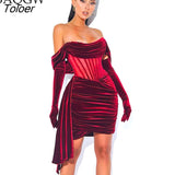 Draping Off Shoulder Corset Dress Sexy Velvet Slim Bodycon Mini Dress Women Short Sleeve Evening Dresses with