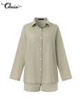 Celmia Loose Summer 2 PCS Sets Cotton Casual Lightweight Lapel Long Sleeve Shirt and Pleats Elastic Waist Short Suits Short