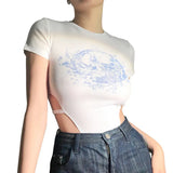 Women Hollow Out Bodysuit, Adults Sexy Slim Fit Printed Short Sleeve Round Neck Jumpsuits-Outfit