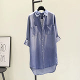 And Long Cotton Denim Shirt Skirt 2023 Spring And Autumn New Double Pocket Rolled Sleeve Thin Shirt Woman-Outfit