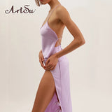 Fashion Summer New Satin 2 Pieces Sets Women Strap Backless Camis High Split Midi Skirt Suit Matching Set