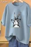 100% Cotton L-5XL Plus Size T Shirt Bunny Print O Neck Tshirt Short Sleeve Women Top Basic Summer Couple Solid T