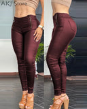 Women High Waist PU Leather Pants Zipper Pocket Design Skinny