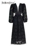 Elegant White Dress For Women V Neck Lantern Sleeve High Waist Cut Out Solid Midi Dresses Female Spring Clothes