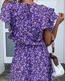 Summer Dress Floral Print Purple Ruffles Sleeve V-neck Dress High Waist Casual Style Mini