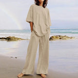 Celmia Fashion Women 2pcs Sets 2022 Summer Casual Loose Holiday Pocket Belted Set Half Sleeve O-neck Top and Wide Leg Pant