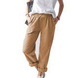 Linen Trousers Solid Color Elastic High Waist