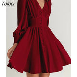 Elegant Puff Sleeve Short Dress Women Sexy V-Neck A-Line Dresses High Waist Single Breasted Pleated Shirt Dress Autumn