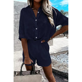 Celmia Loose Summer 2 PCS Sets Cotton Casual Lightweight Lapel Long Sleeve Shirt and Pleats Elastic Waist Short Suits Short