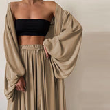 Women 3 Piece Sets Homewear Fashion Casual Lantern Sleeve Cardigan Tops+Wide Leg Pants Suits Lady Spring Soft Three Piece
