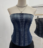 Denim Print Strap-On Corset Tsets Tsets Tsets Tsets Sleeveless Short