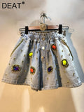 Women's Denim Shorts Gold Border Gemstone Drawstring High Waist Loose Wide Leg Short Jeans 2024 Summer New Fashion 29L102-Outfit