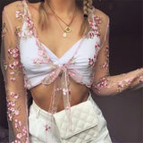 Blouse Summer See-through Sheer Mesh Fishnet Long Sleeve Shirt Ladies Tops Blouse Tee Tops Blouses Woman 2019 Floral