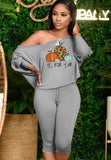 Halloween Pumpkin Off Shoulder Long Sleeve Top And Midi Pants