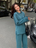 Autumn Winter Women Knitted Sets Loose Solid Hooded Sweater + Straight Wide Leg Pants Suits Lady Chic Warm Lounge Wears