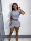 Summer Streetwear Womens 2 Two Peice Set Outfits Short Sleeve Crop Top High Waist Skinny Shorts Suits Mesh Matching