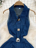 Lines Of New Retro Clips Hollow Luthed Waists Thin Sleeveless Single Buckle A Word Open Fork Denim