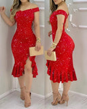 Women Sexy Shiny Rhinestone Embellished Off Shoulder Bodycon