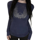 Women Gothic Fake Two-Piece T-shirts Fall Winter 2024 Vintage Top Clothes y2k Graphic Korean Style Long Sleeve Top Streetwear-Outfit