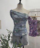 Yarn Printed Slanted Shoulder Sling Vest Retro Design Folding Temperament Short Blouse