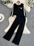 2 Pieces sweater Set Women Tracksuit Sweater + loose Trousers CHIC Pullover Sweater+ Knitted Carrot pants