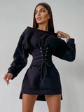 Party Dress With Belt Long Sleeve Sexy Mini Dress Women Laceup Casual Fashion 2021 Autumn Winter Lady Elegant