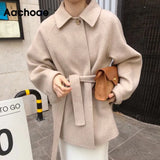 Aachoae Women Turn Down Collar Batwing Long Sleeve Wool Coats Chic Solid Single Breasted Coat Female Elegant Pockets