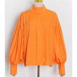 Solid Color Ruched Casual Shirts For Women Puff Sleeves Loose Oversized Shirts Female 2022 Autumn Fashion