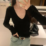 Wind Black Thin V-Neck Knitted Sweater Women's Autumn And Winter New Ins100 Long-Sleeved Blouse-Outfit