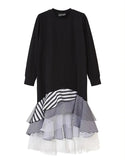 TWOTWINSTYLE 2020 Women Long Sleeve T Shirt Midi Dress Patchwork Stripe Mesh Ruffle Flare Asymmetrical Hem Pullover