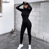 Simple Bodycon Solid Color Long-sleeve Overalls For Women Leisure Streetwear Pure Jumpsuit Workout Jogging Romper Female-Outfit