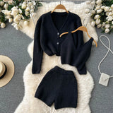 Fashion Solid Women Knit Suits Single Breasted V Neck Cardigan+Mini Camis+Slim Short Pants Sweater Three Piece