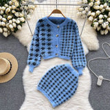 Fashion Plaid Knitted Two Pieces Suits Long Sleeve Short Sweater Cardigan+Mini Bodycon Dress Streetwear Autumn