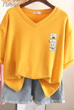 100% Cotton L-6XL T Shirt Plus Size Tshirt Short Sleeve Women Top Summer Japan Cartoon Print V Neck Oversized T