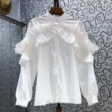 Casual Loose Solid Patchwork Ruffle Shirt Female Long Sleeve Korean Fashion Blouse For Women Autumn 2021 New