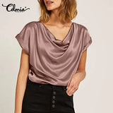 Celmia 2022 Stylish Women Short Sleeve Satin Tops Summer Blouse Cowl Neck Tunic Shirt Elegant Casual Solid Party Blusas