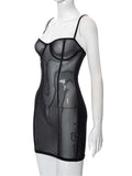Mesh Sheer See Through Sexy Women Dresses Black Party Clubwear Summer 2023 Sleeveless Strap V-neck Slim Dress Vestido-Outfit